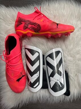 Puma Neon Pink Soccer Cleats with Black & White Shin Guards